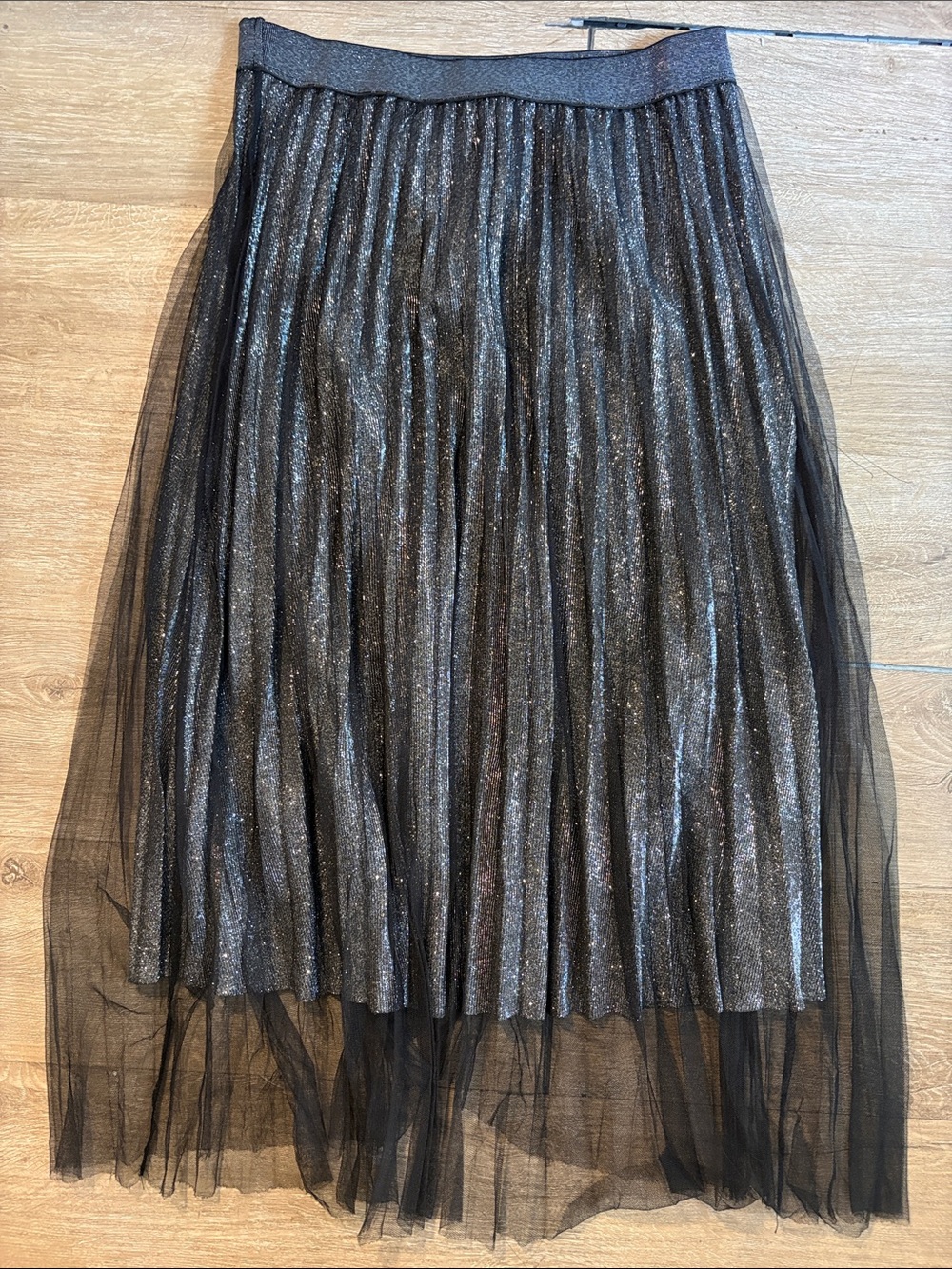 Studio West Black Sparkle Pleated Tulle Midi Skirt